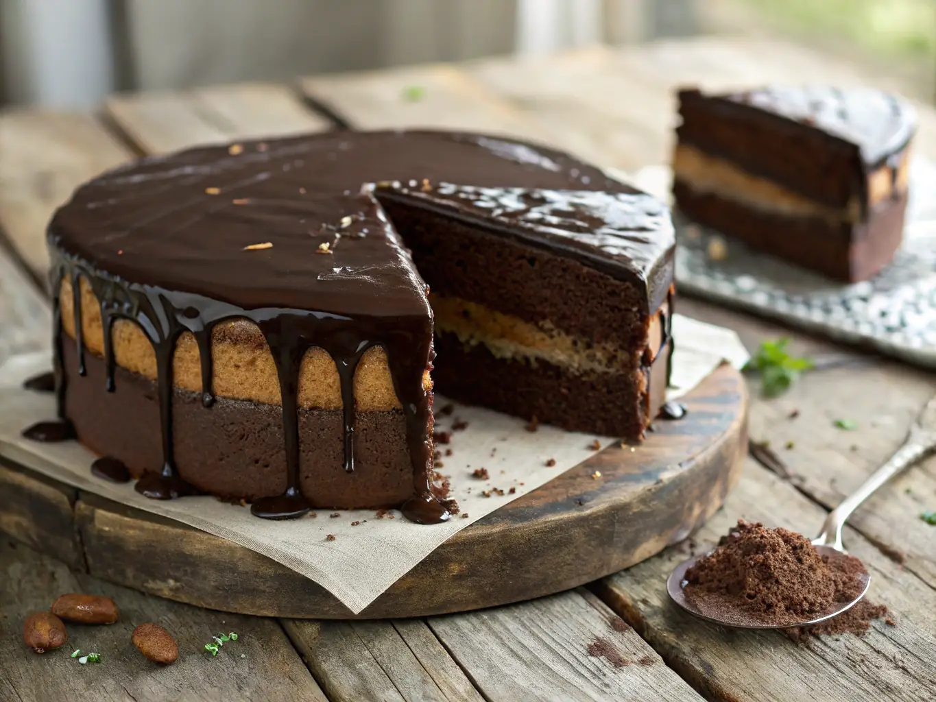 A slice of rich chocolate cake with layers of ganache and frosting, displayed on a dessert plate.