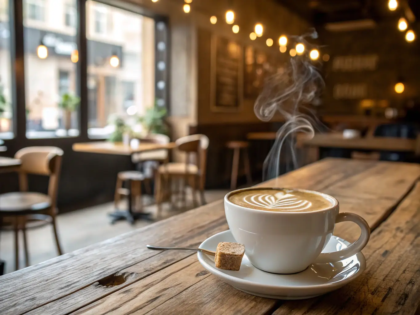 A cup of aromatic cappuccino with latte art, served in a cozy cafe setting.